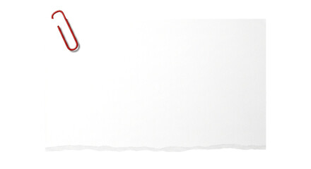 A blank white sheet of paper held by a red paperclip against a black background in a studio shot on transparent background