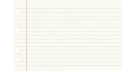 A close up of a piece of lined paper with holes on the left side of the sheet of paper visible on transparent background