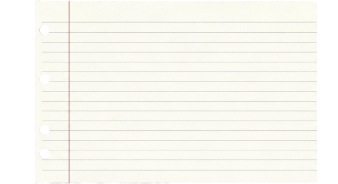 A close up of a piece of lined paper with holes on the left side of the sheet of paper visible on transparent background