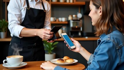 Woman paying with smartphone at cafe with coffee and pastries on table - Powered by Adobe