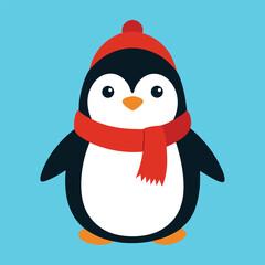 A funny baby penguin cartoon wearing a Santa hat and scarf in the snow, perfect for a cute Christmas holiday illustration
