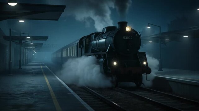 A vintage steam locomotive emerges from the mist at a dimly lit station, creating a captivating scene of nostalgia and mystery in the stillness of the night.