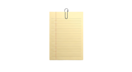Lined yellow paper sheet attached with a metal paperclip on a black background in a studio shot on transparent background