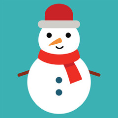 Cute Christmas snowman with a red hat and scarf holding a festive gift in the winter snow