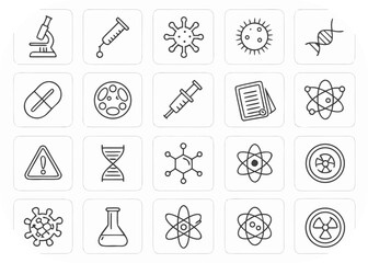 Fototapeta premium Twenty science and medical line art icons with viruses and DNA biology chemistry