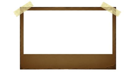 A brown photo frame with black center attached to the top with two pieces of masking tape on transparent background