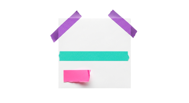 A square white paper with purple and teal tape forming a house shape on a black background studio shot on transparent background