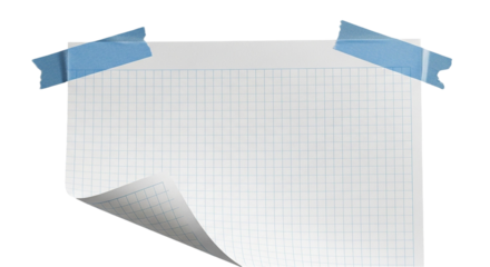 A piece of graph paper is taped to a surface with the bottom corner curled up slightly visible on transparent background