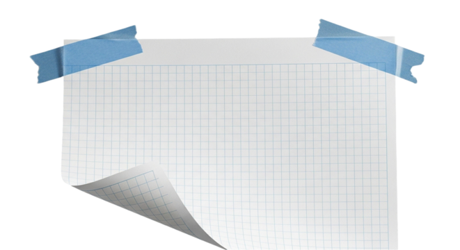 A piece of graph paper is taped to a surface with the bottom corner curled up slightly visible on transparent background