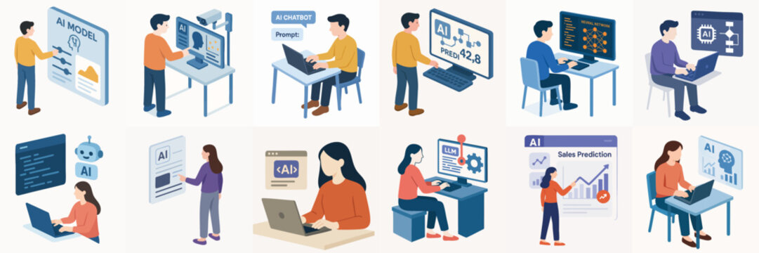 Isometric People Working with AI and Technology in Various Digital Scenarios Illustration