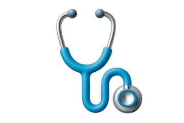 3D medical stethoscope icon in blue and silver. Doctor's diagnostic tool PNG clip art on a transparent background for a healthcare logo, clinic website, or telemedicine app.