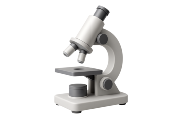3D microscope illustration for science and research. White laboratory equipment PNG clip art on a transparent background for a medical icon, biology graphic, or education website.