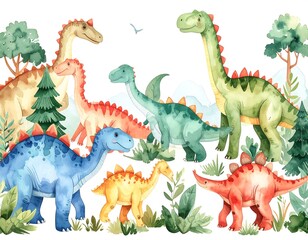 Fototapeta premium Cute dinosaurs in a lush landscape