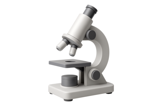 3D microscope illustration for science and research. White laboratory equipment PNG clip art on a transparent background for a medical icon, biology graphic, or education website.