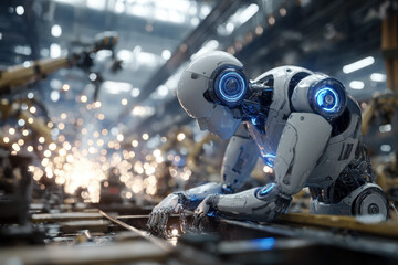 Fototapeta premium Futuristic Humanoid Robot Working in Smart Factory – Advanced AI in Industrial Robotics