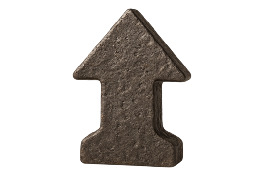 3D stone arrow pointing up with a rough rock texture. Rendered UI button PNG clip art on a transparent background for an upload icon, growth chart, or direction symbol.