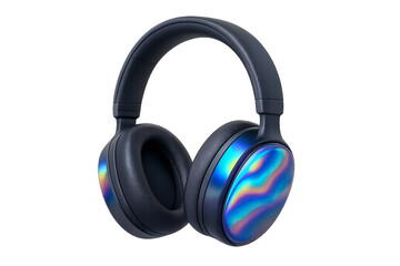 Modern 3d over-ear headphones with a holographic iridescent finish. 3D audio headset PNG clip art on a transparent background for a music blog, podcast icon, or gaming graphic.
