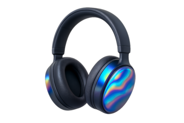 Modern 3d over-ear headphones with a holographic iridescent finish. 3D audio headset PNG clip art on a transparent background for a music blog, podcast icon, or gaming graphic.