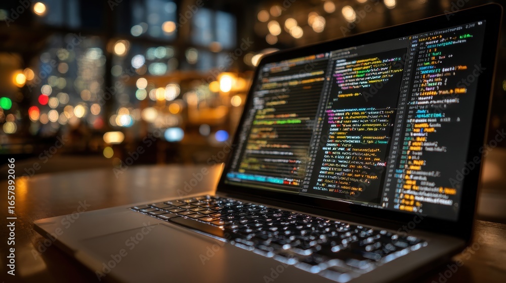 Poster open laptop screen displays code in a vibrant cafe environment, suggesting a dynamic workspace for d