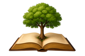 Lush green tree growing from the pages of an open book. Conceptual PNG clip art on a transparent background for an education logo, knowledge theme, or personal growth design.