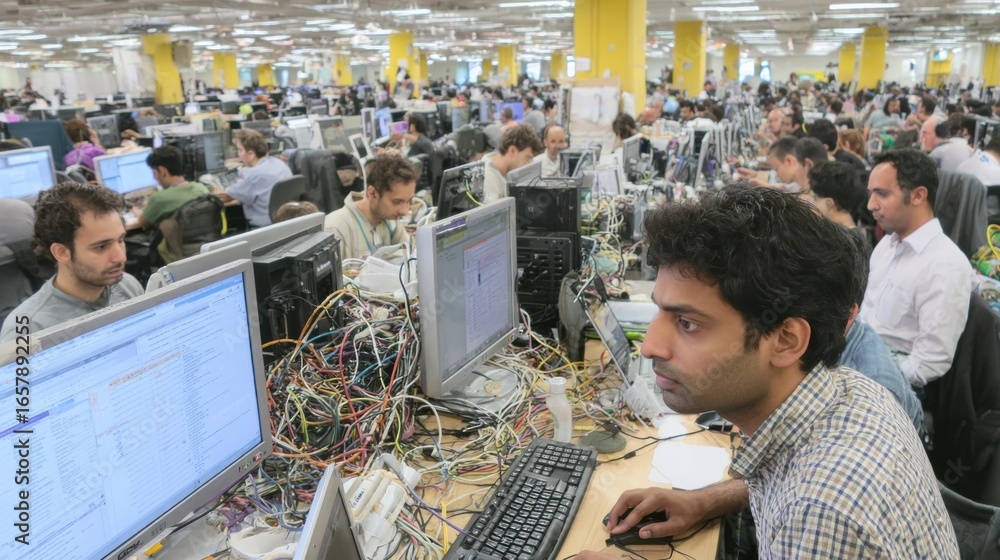Aufkleber programmers work together in a lively office, displaying international coding cooperation on screen,