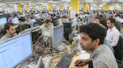 Programmers work together in a lively office, displaying international coding cooperation on screen, illustrating the idea of worldwide software development partnership.