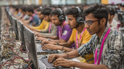 Programmers are focused as they work on their laptops to honor international programmers day, celebrating innovative advancements in technology and software creation.