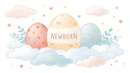 Whimsical watercolor illustration of three decorated easter eggs nestled among soft pastel clouds with tiny hearts and delicate greenery