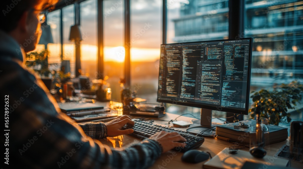 Aufkleber developer codes in a modern office with a sunset view and celebrates programmers' day with enthusias