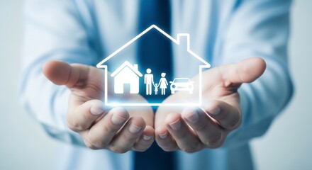 Hands holding a glowing house outline with family and car inside of it