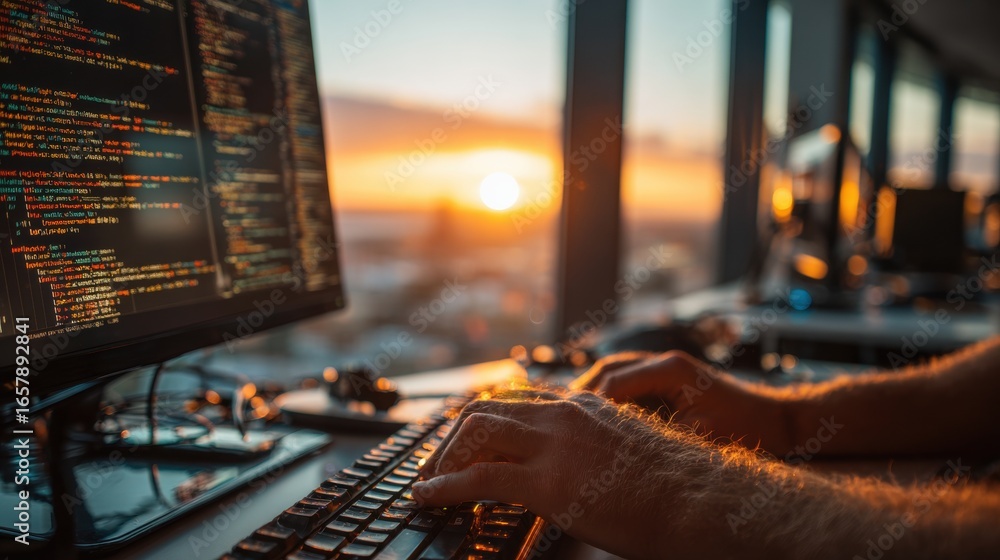 Poster on a computer screen, code is shown during a sunset scene to pay tribute to international programmer
