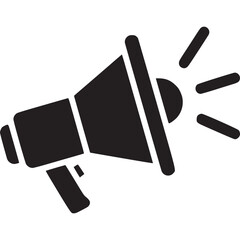 A bold black megaphone icon isolated on white background, symbolizing announcements, promotions, and communication in a simple yet effective graphic design for various media