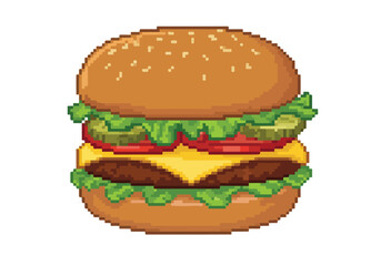 Pixelated Burger Art on a White Background, food design or game resource
