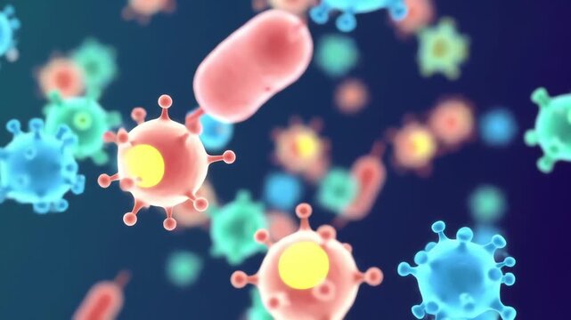 A colorful and vibrant bacteria cartoon illustration showing various germs, microbes, and viruses floating in a microscopic world.