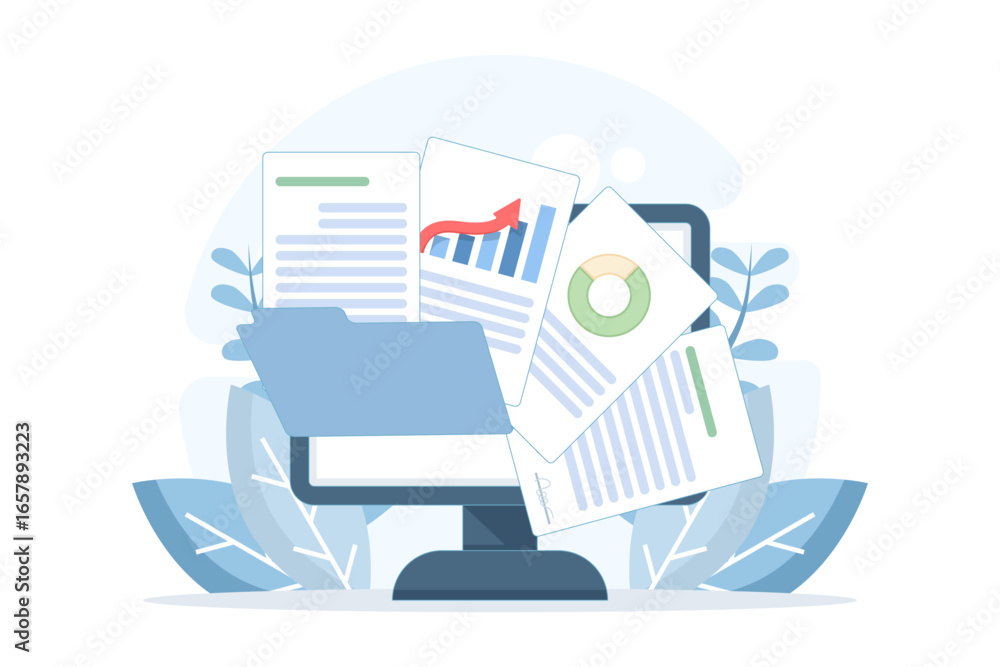 Poster flat vector illustration of laptop with files and documents. concept of email attachment, online com