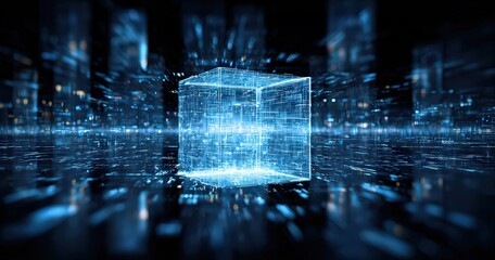 Abstract Futuristic Cityscape With Glowing Blue Cube