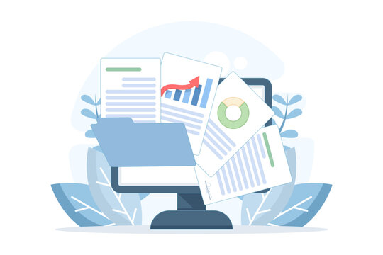 Flat vector illustration of laptop with files and documents. Concept of email attachment, online communication, digital document sharing, data transfer, office work, and electronic file management.
