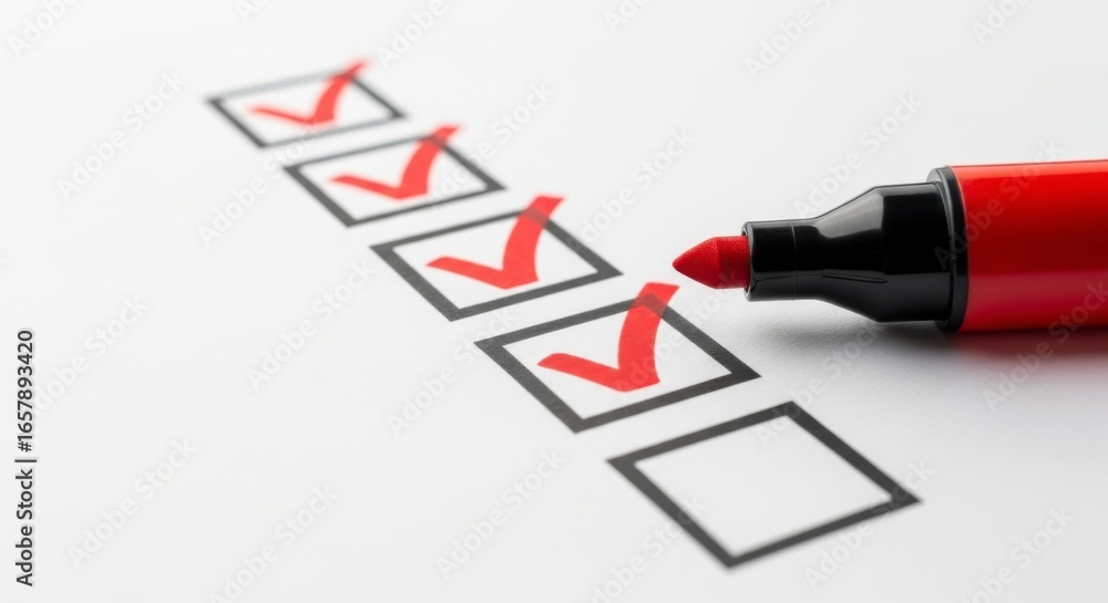 Poster a checklist with red check marks and a red marker on a white background