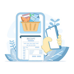Flat vector illustration of online food ordering and contactless home delivery. Online payment. The concept of safe food delivery and customer appreciation.