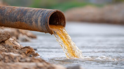 A polluted river with chemical waste visibly flowing out from industrial factory pipes, symbolizing environmental damage