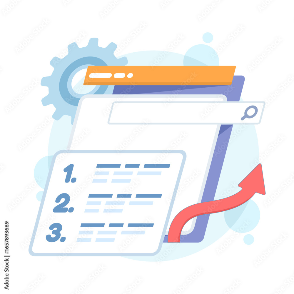 Poster flat vector illustration of search ranking optimization. concept of seo algorithms, top search resul