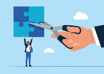 Hand holding scissors to cut jigsaw puzzle elements. Conflict and argument between colleagues, difference opinion, disagree, confrontation. Fight back win over difficulty. Vector illustration
