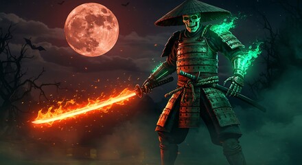 A skeleton samurai in glowing ancient Japanese armor, radiating eerie green light. Holding a fiery orange sword, sky with a blood-red full moon in the background.