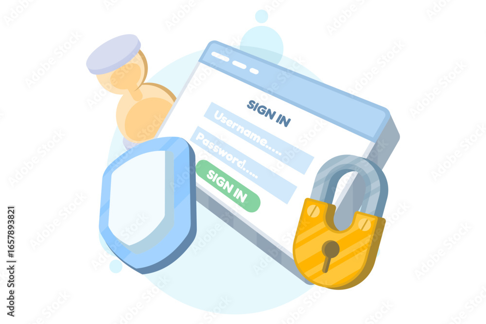 Poster flat vector illustration of secure login concept. username and password protection with padlock and 