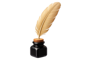 Vintage quill feather pen in a black glass inkwell. Antique writer's tool PNG clip art on a transparent background for a literature blog, historical project, or author logo.
