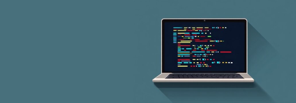 Laptop screen shows colorful code in celebration of international programmers day concept of global coding recognition. Banner