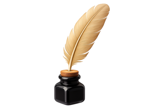 Vintage quill feather pen in a black glass inkwell. Antique writer's tool PNG clip art on a transparent background for a literature blog, historical project, or author logo.