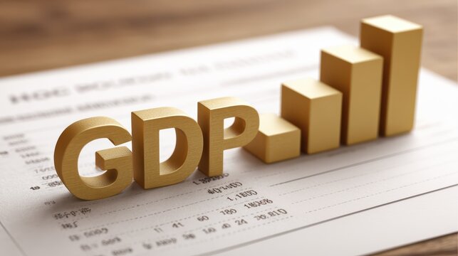 The text "GDP" and a chart showing increase or decrease. Gross domestic product concept. An index indicating inflation and economic growth.