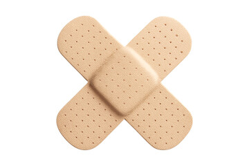 Crossed adhesive bandages in an X-shape. Medical plaster PNG clip art on a transparent background for a first aid icon, healthcare graphic, or concept of healing and repair.
