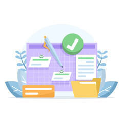 Flat vector illustration of schedule planning and task management. Filling out checklists, organizing calendar events, and planning work responsibilities for business and organizational productivity.